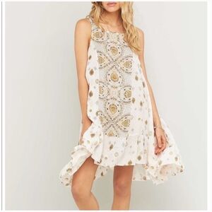 Free People White Mini Dress with Gold Paisley Embellishment